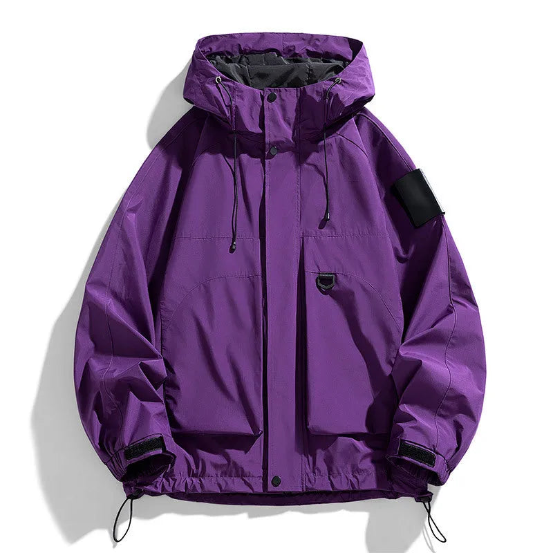 Men's black waterproof windproof hooded jacket on a hanger, showing long sleeves and front zip.
