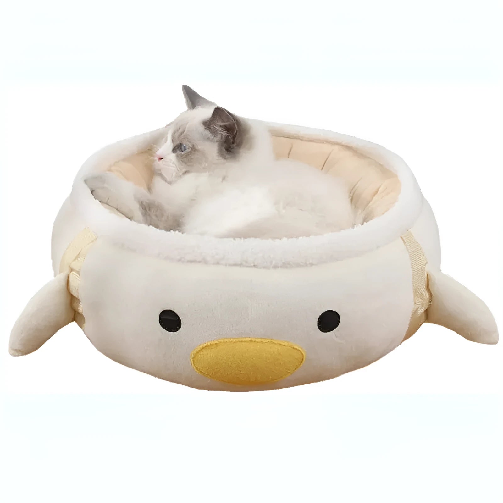 Green chick and dinosaur shaped plush cat bed shown both lying flat and hanging as a hammock.