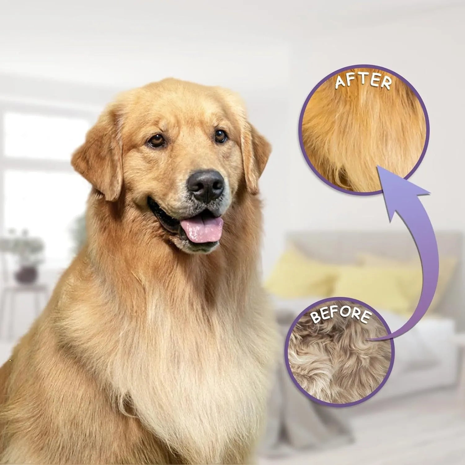 Purple pet grooming comb with stainless steel long and short teeth on a wooden surface.