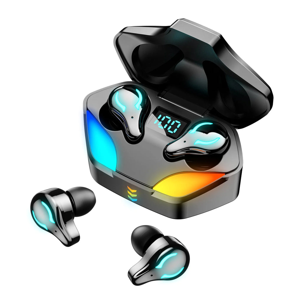 Black in-ear Bluetooth gaming headset for mobile phones with a focus on low-latency audio.