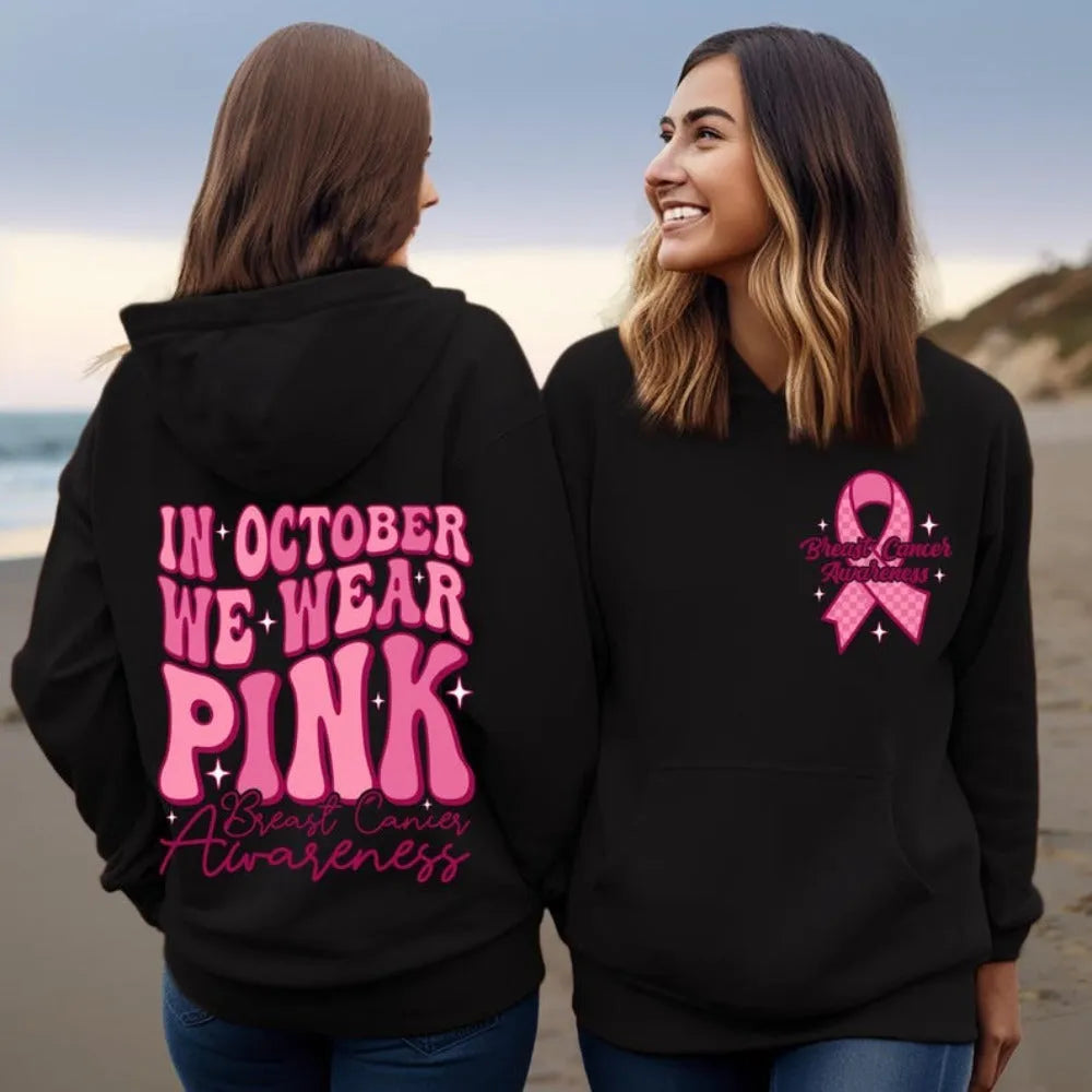 Breast cancer awareness pullover hoodie with art retro print and side seam pockets in multiple colours.