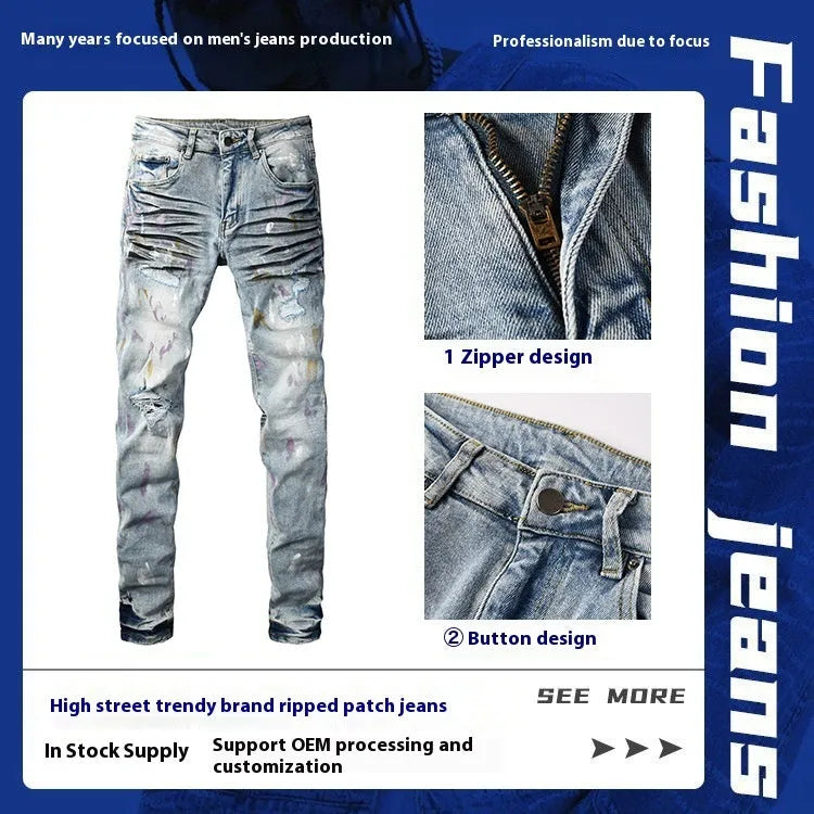 Men's slim fit ripped jeans in light blue with tapered cotton denim, zip fly and double layer belt waist