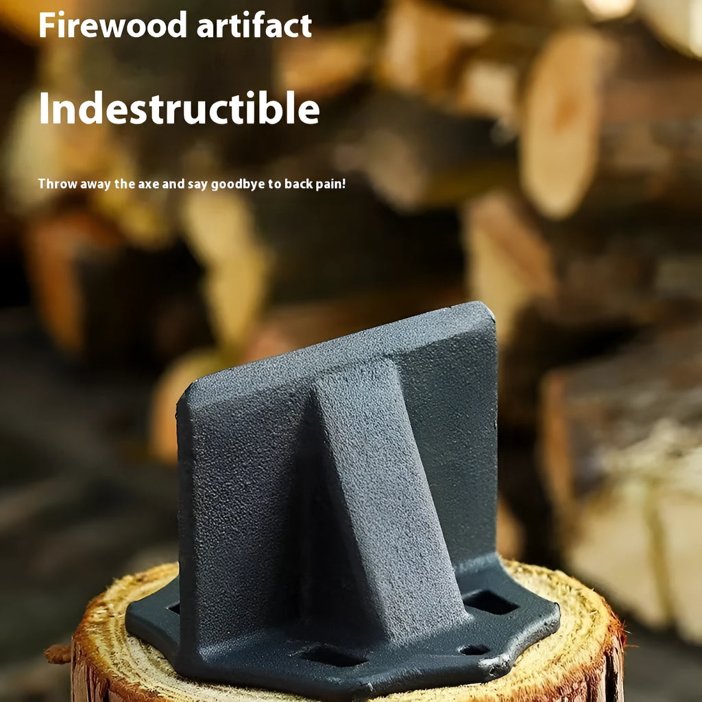 Small square cast iron wood splitter for kindling on a wooden background