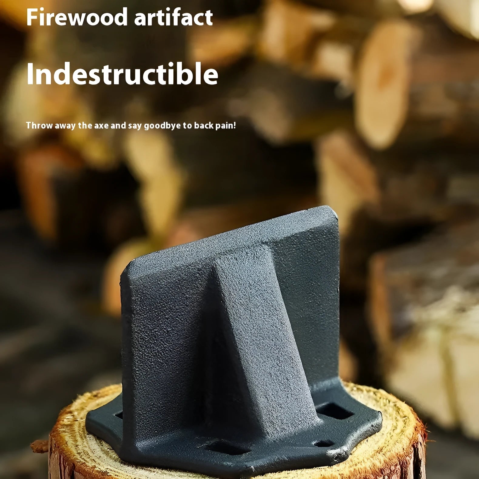 Small square cast iron wood splitter for kindling on a wooden background