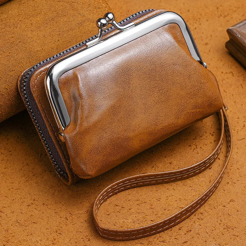 Ladies' buckle coin purse in multiple colours showing metal clip and zippered compartment
