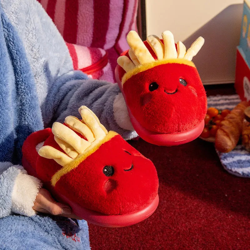 Women's cotton slippers with suede upper, EVA sole, French Fries cartoon design, indoor home wear