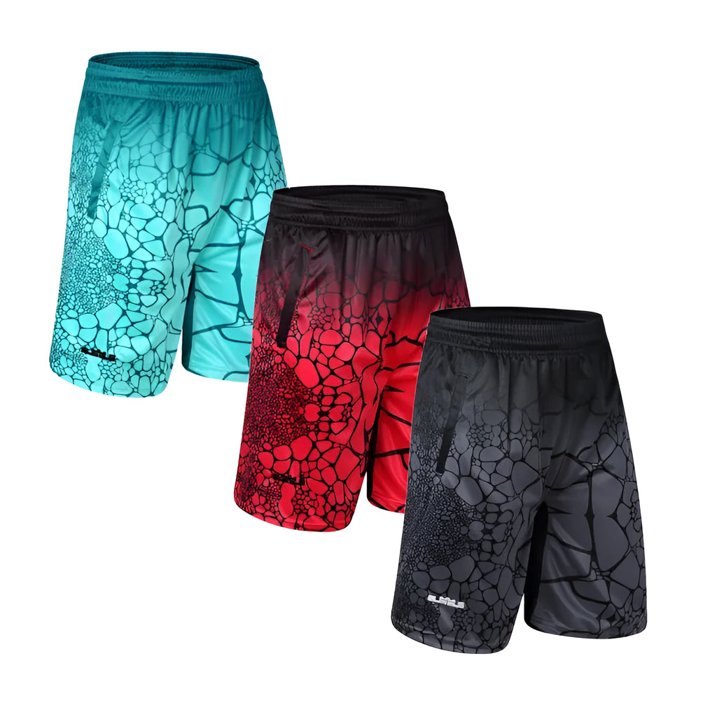 Men's loose hip-hop basketball shorts in black, green, and red, sizes M to 4XL, five-point design, polyester