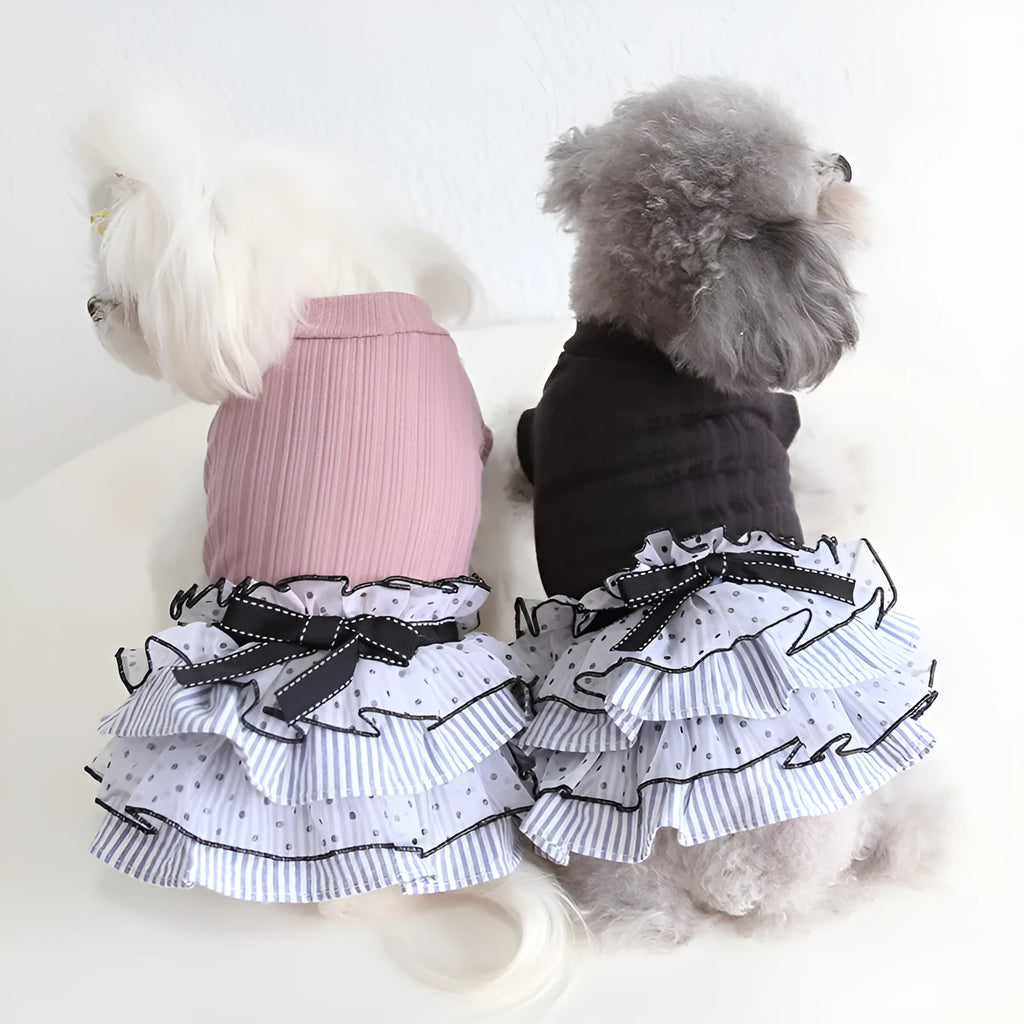 Polka dot lace princess dress for small pets with tulle skirt in purple, black, or coffee colours