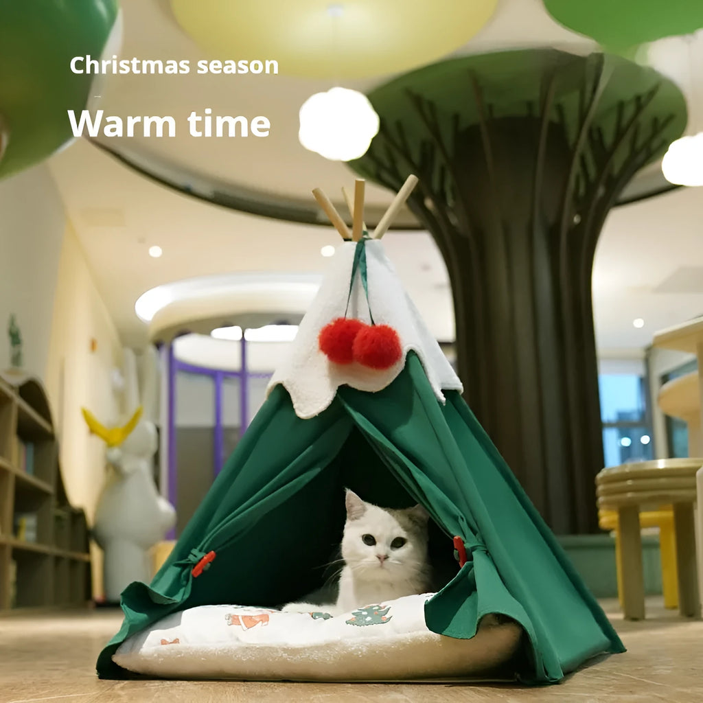 Brown semi-closed cloth cat house bed for winter, shown next to a white mat version.