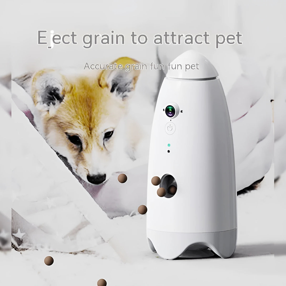 White automatic pet feeder for dogs and cats with camera, 200g capacity, 270 x 120mm
