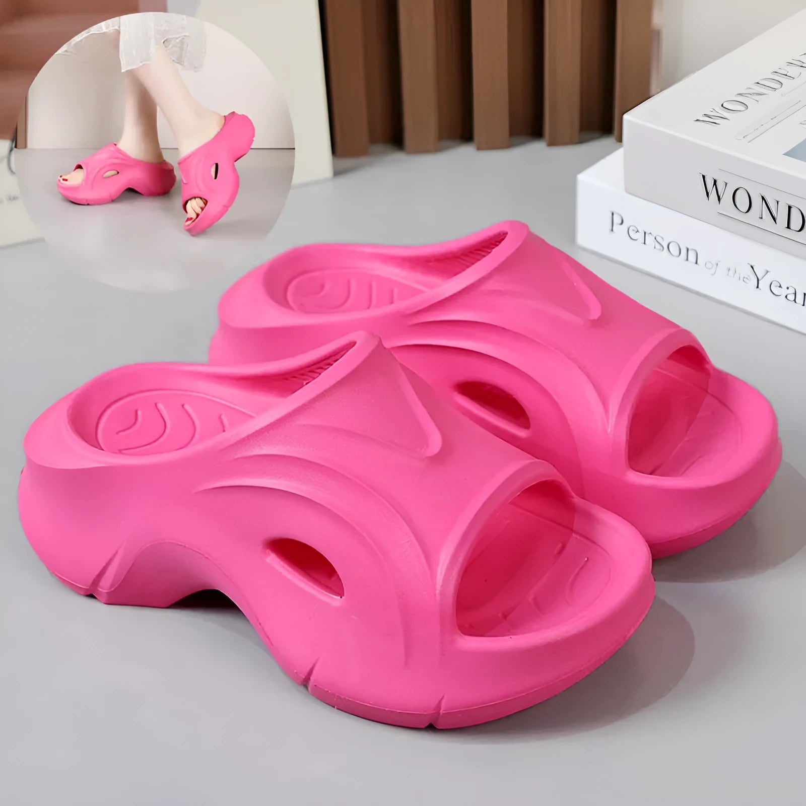 Women's thick-soled EVA beach slippers in white, black, and rose red colours with round toe design