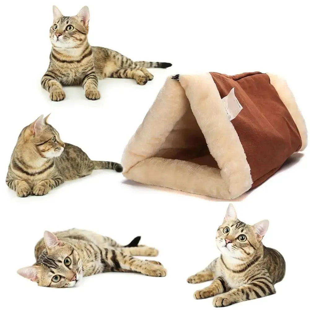 Brown foldable snooze tunnel mat for cats and dogs made from plush fleece with suede trim, unfolded size 28x25x50 cm