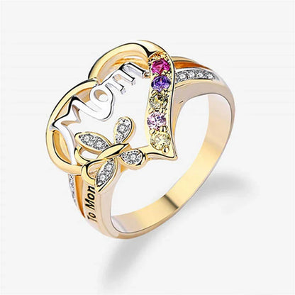 A sparkling heart-shaped ring with a captivating rhinestone butterfly motif, a thoughtful Mother's Day gift.