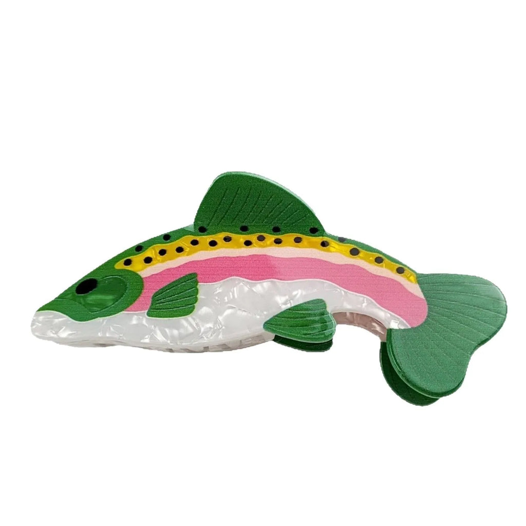 Dark green PVC hair clip with a printed design of a rainbow trout and a carp.