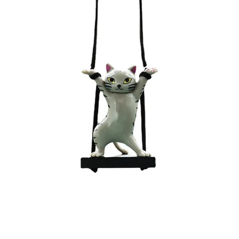 Resin cartoon cat pendant for car interior decoration with adjustable rope, shown in various colours.