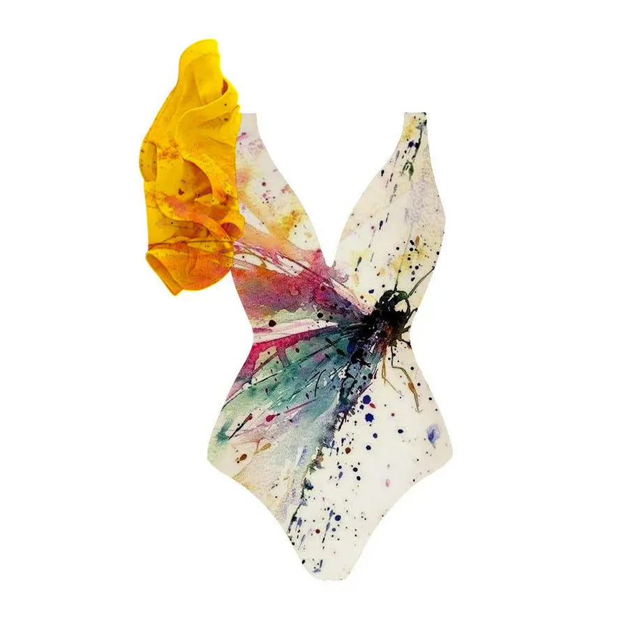 Yellow women's one-piece swimsuit with conservative belly cover design