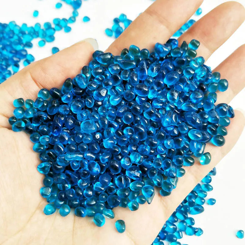 Round glass sand beads in sea blue colour, 3-6mm particles, for aquarium landscaping decoration, 500g pack