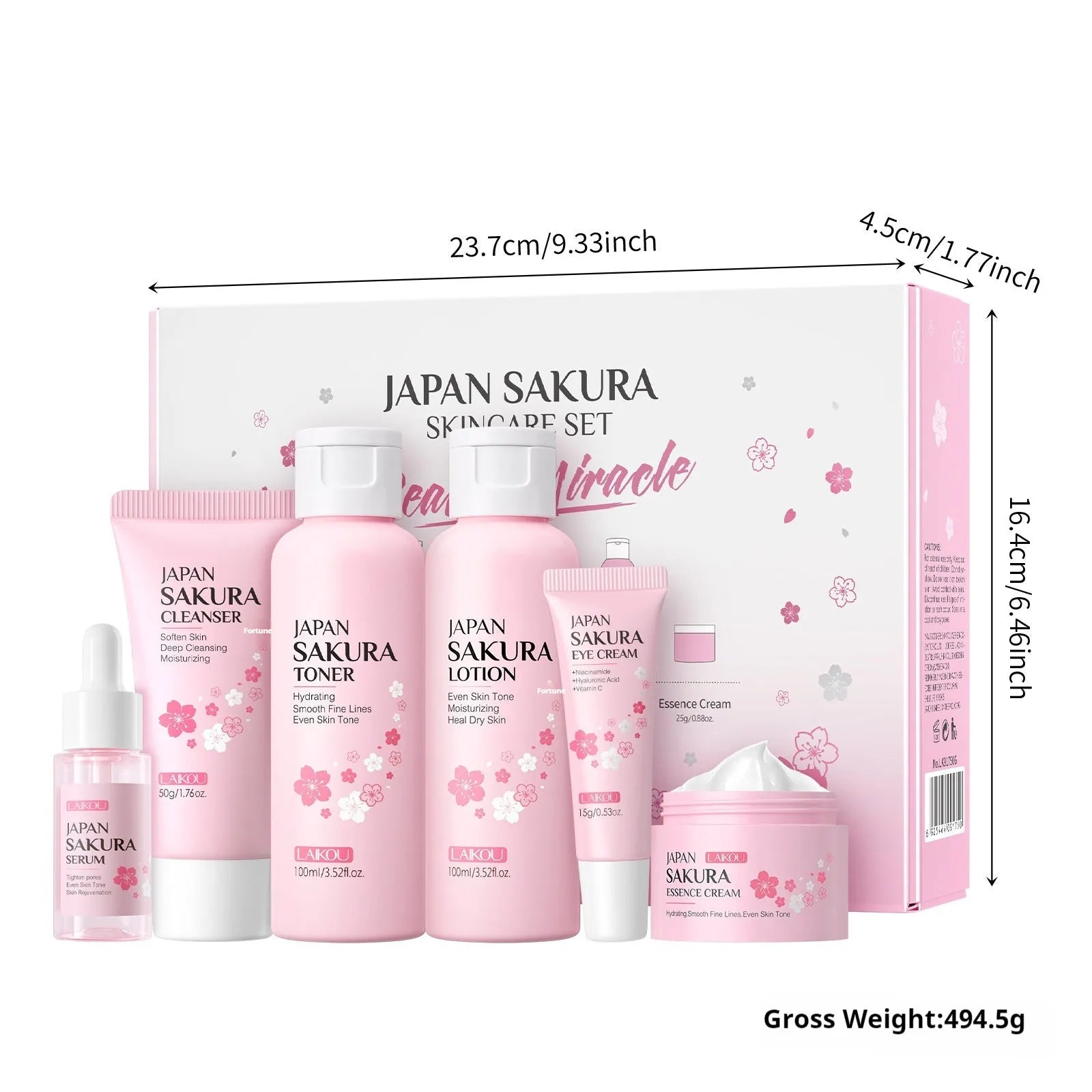 Cherry blossom skin care set with six facial products including cleanser, toner, cream, essence, and eye cream