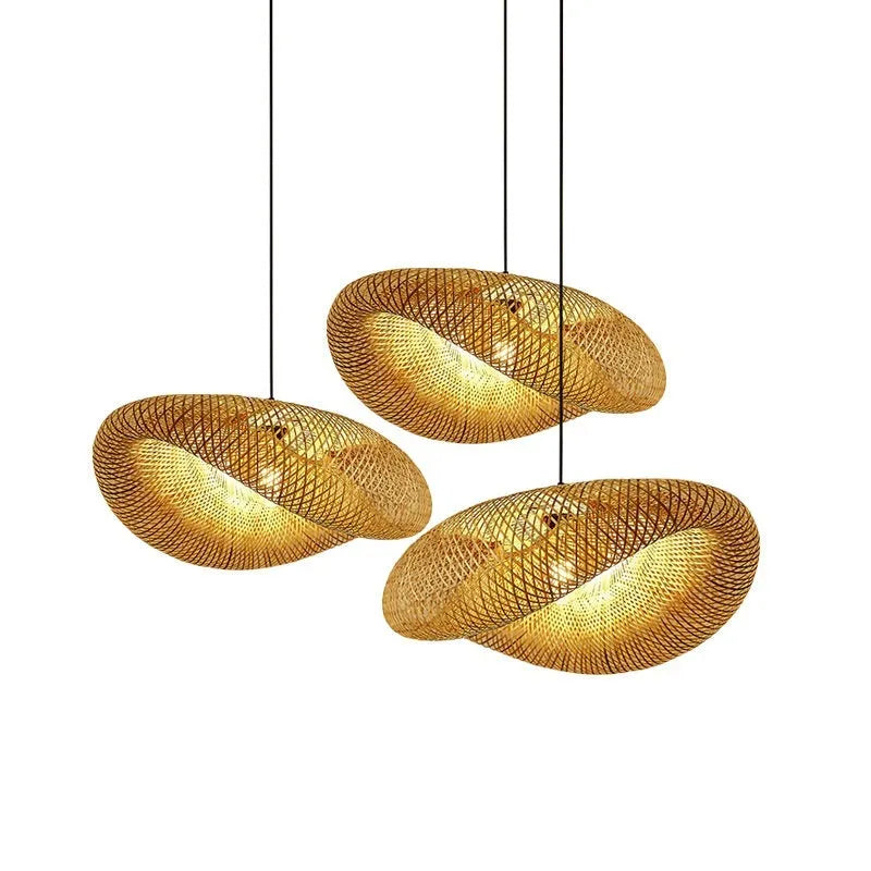 Natural bamboo straw hat-shaped hanging ceiling lamp chandelier on a white background.