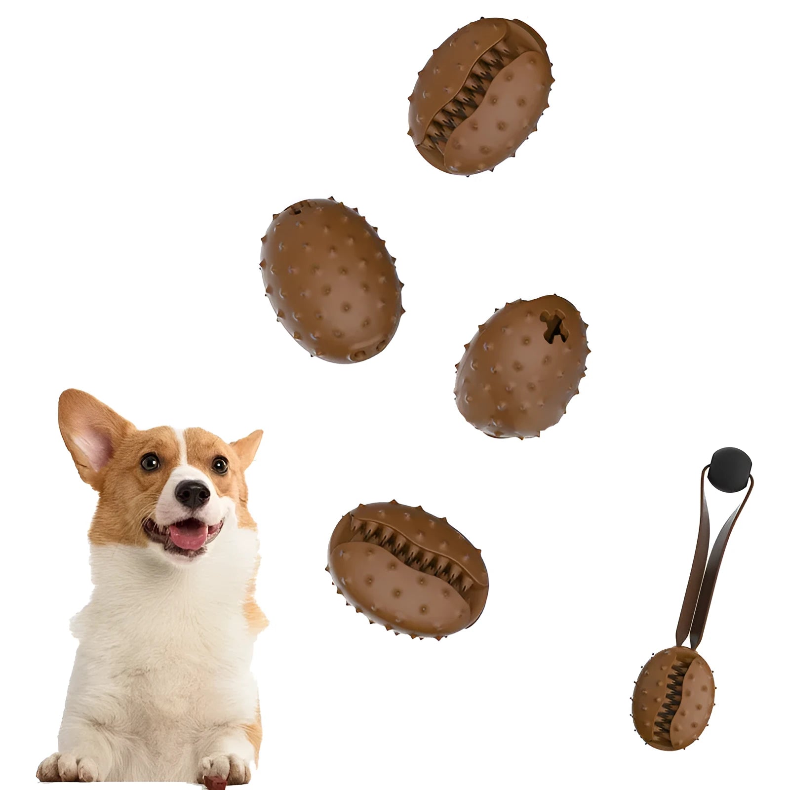 Brown coffee bean shaped dog chew toy with a central rope knot detail.