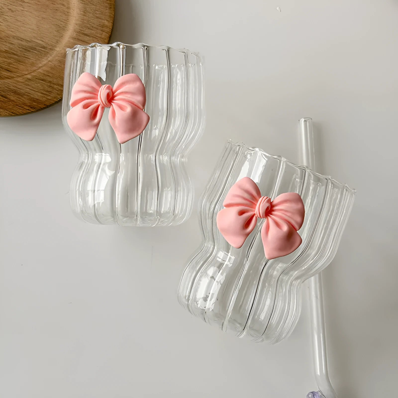 Pink bow borosilicate glass coffee cup 350ml heat resistant home use