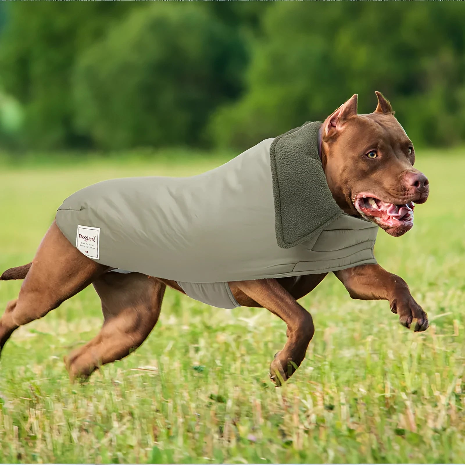 Dog wearing cotton-padded polyester vest with turtleneck lapel design in khaki green colour.