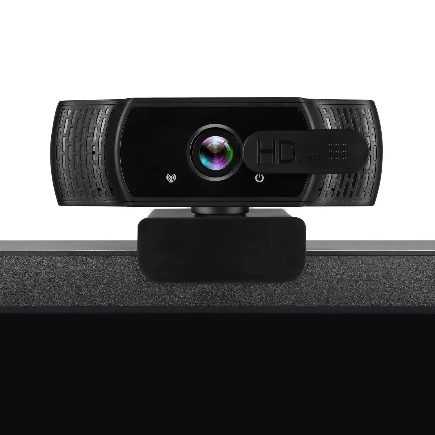 Black USB computer webcam with built-in microphone mounted on a laptop screen.