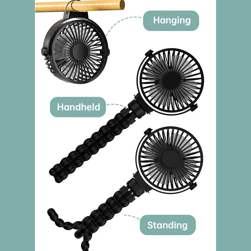 Black flexible tripod clip-on fan with 2000mAh battery and three speed settings