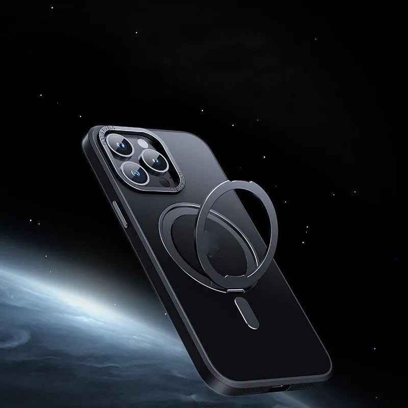 Transparent iPhone case with a magnetic bracket on a grey background.