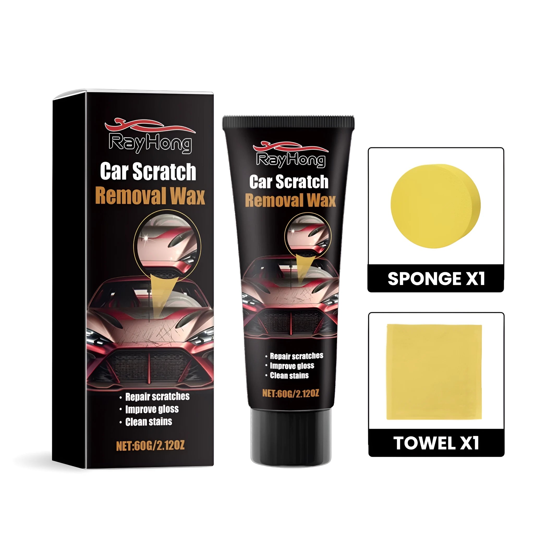Car scratch removal wax kit with 60g container, sponge applicator, and microfibre towel in PE case