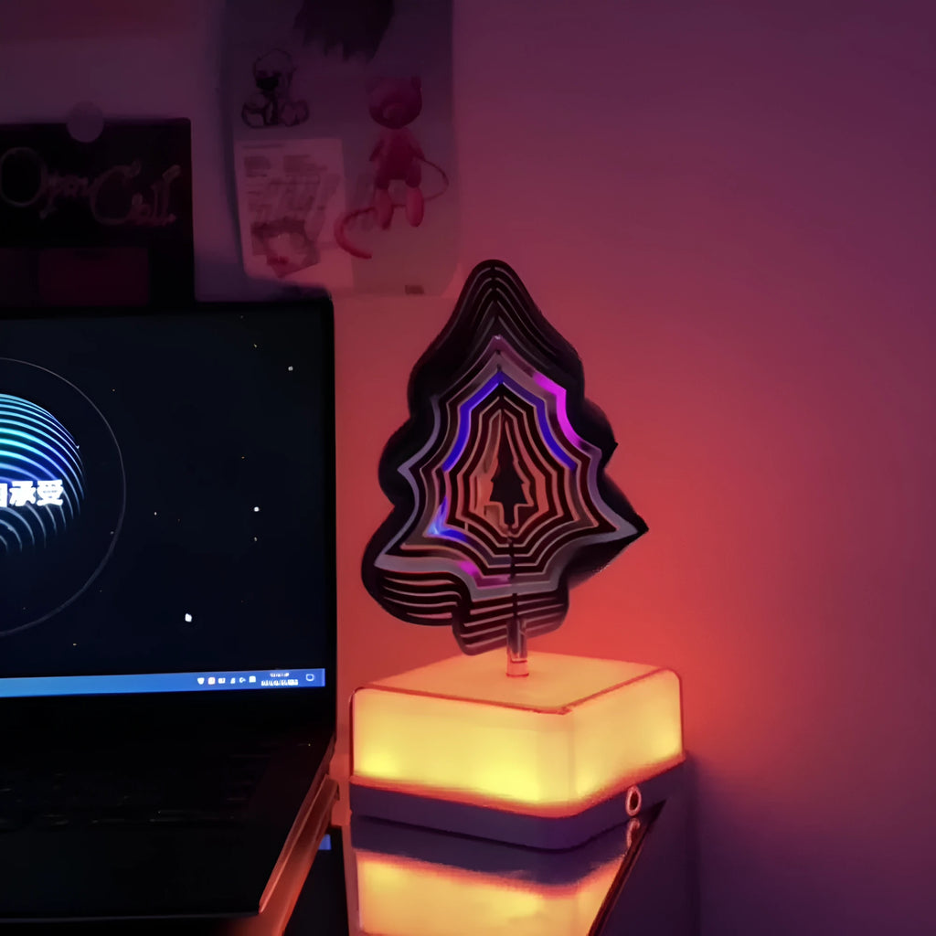 3D rotating LED night light in acrylic and metal with USB charging, 3W output, and ten decorative shapes