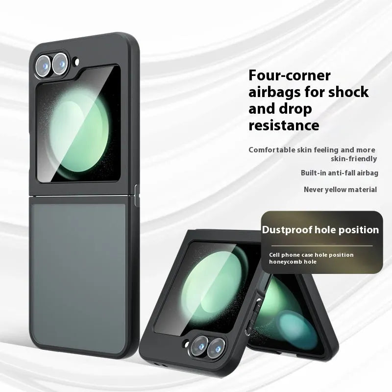Frosted TPU PC Samsung Z Flip phone case with hardware connecting shaft in matte black and transparent black