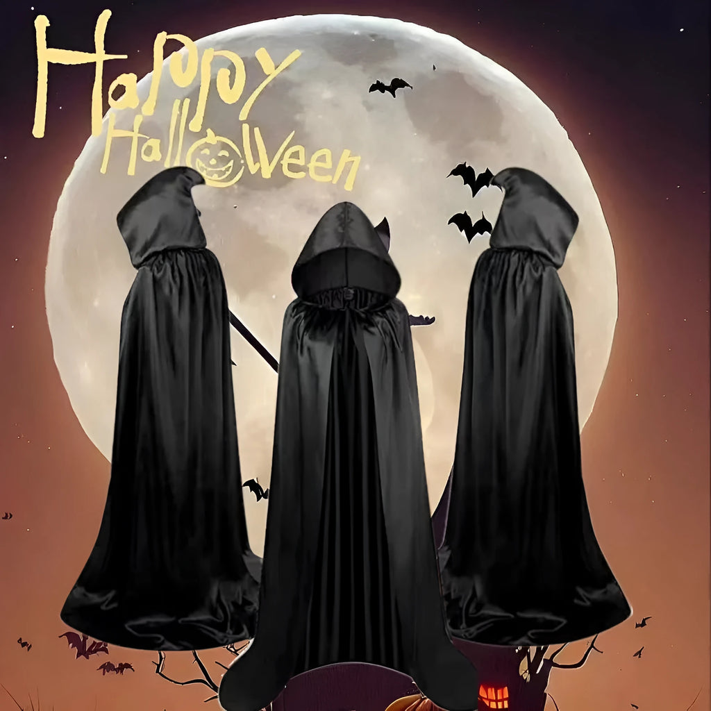 Reversible black satin hooded cloak for Halloween costume displayed flat.