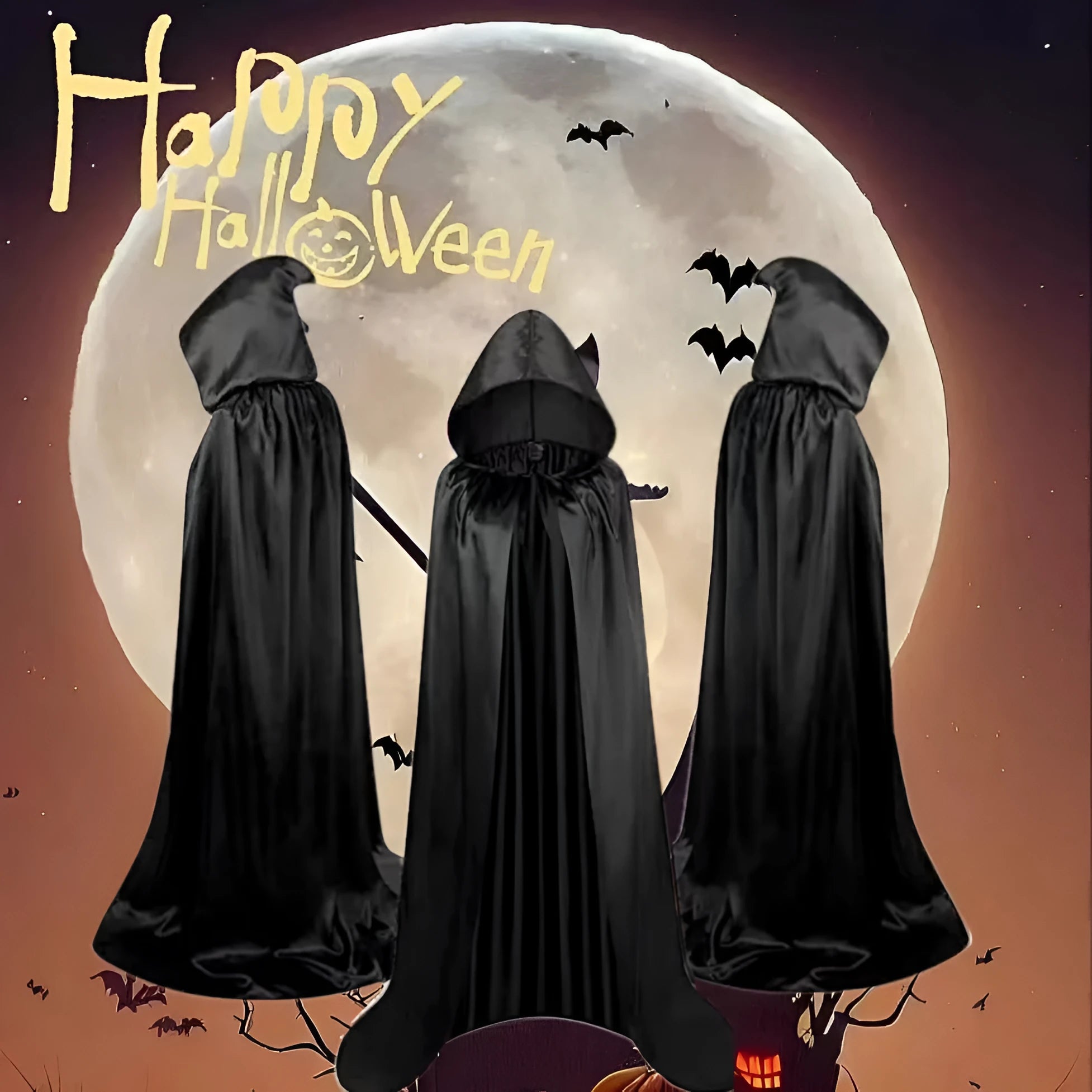 Reversible black satin hooded cloak for Halloween costume displayed flat.
