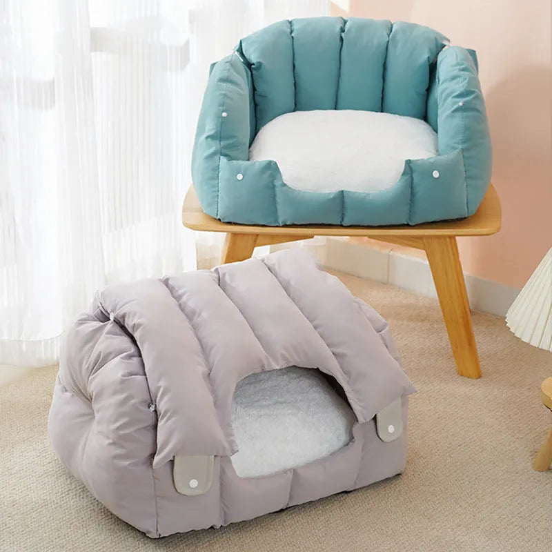 Grey dual-purpose arched pet nest shown as both an enclosed cat bed and an open sofa perch for dogs.