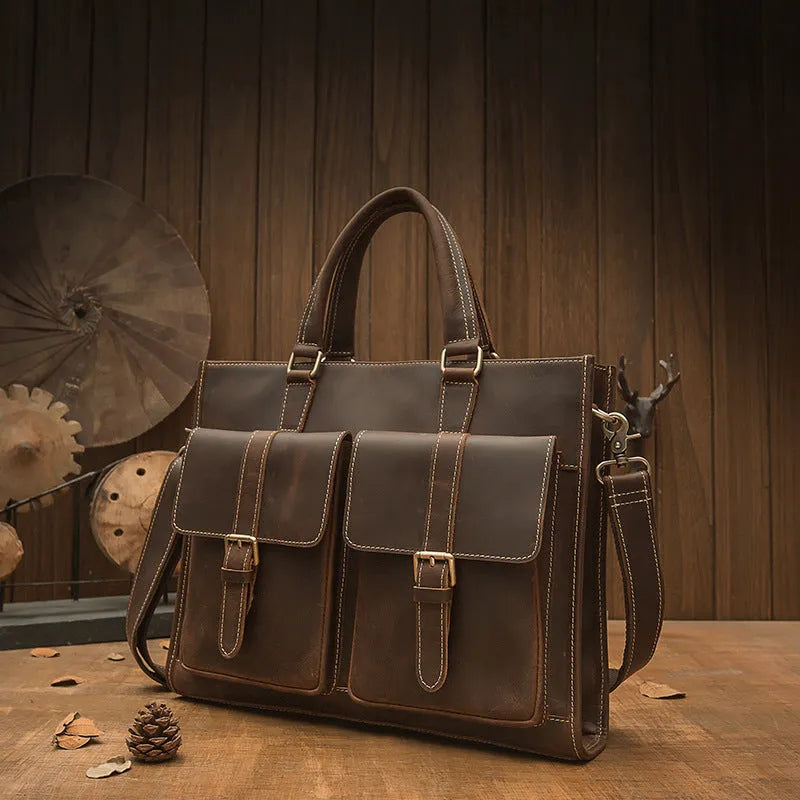 Handmade vintage dark brown top layer cowhide men's briefcase with 15-inch laptop slot and internal pockets
