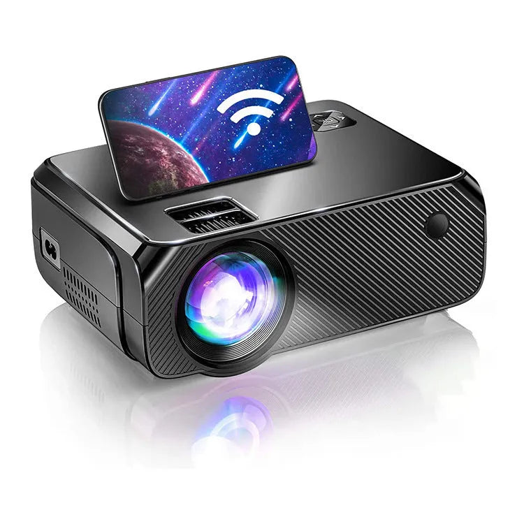 Black home projector with glass lens, 720p resolution, 3900 lumens brightness, 50-230 inch screen, UK plug