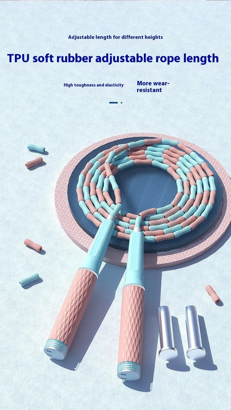 Children's skipping rope with coloured bamboo beads on a 2.8m polypropylene cord.