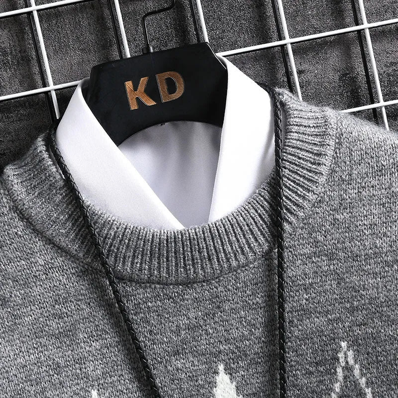 Men's loose fit geometric pattern long sleeve round neck sweater in black, grey, and red colour options