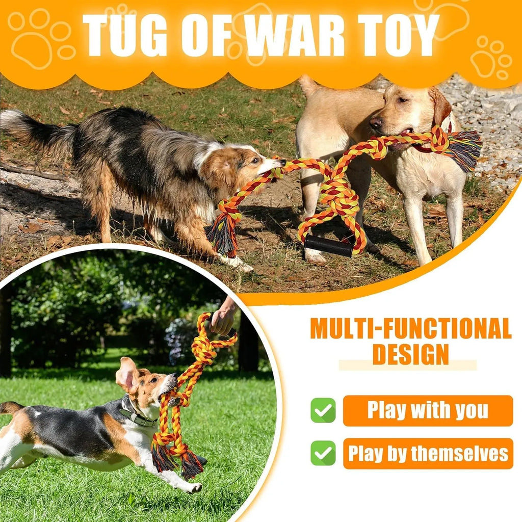 Blue and yellow woven cotton rope dog tug toy with ergonomic handle for large breed dogs.