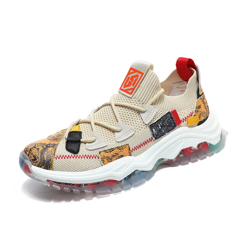 Men's beige platform dad shoes with a low-top design and round toe on a white background.