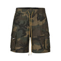 Green H215 washed camouflage cotton work shorts with multiple pockets on a mid-waist loose fit.
