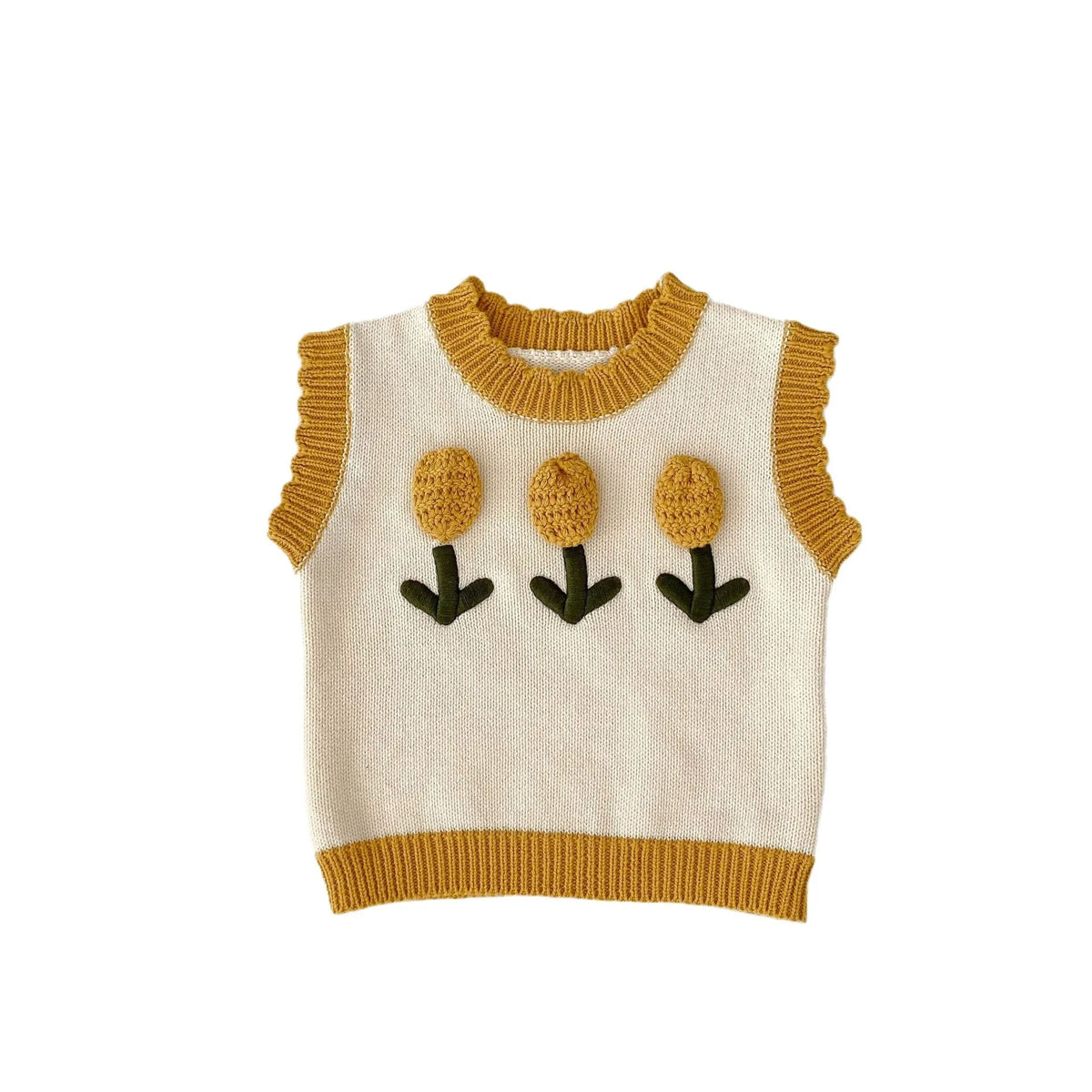 Baby girl sleeveless knitted pullover top in almond white with three-dimensional flower detail, spring autumn cotton knit