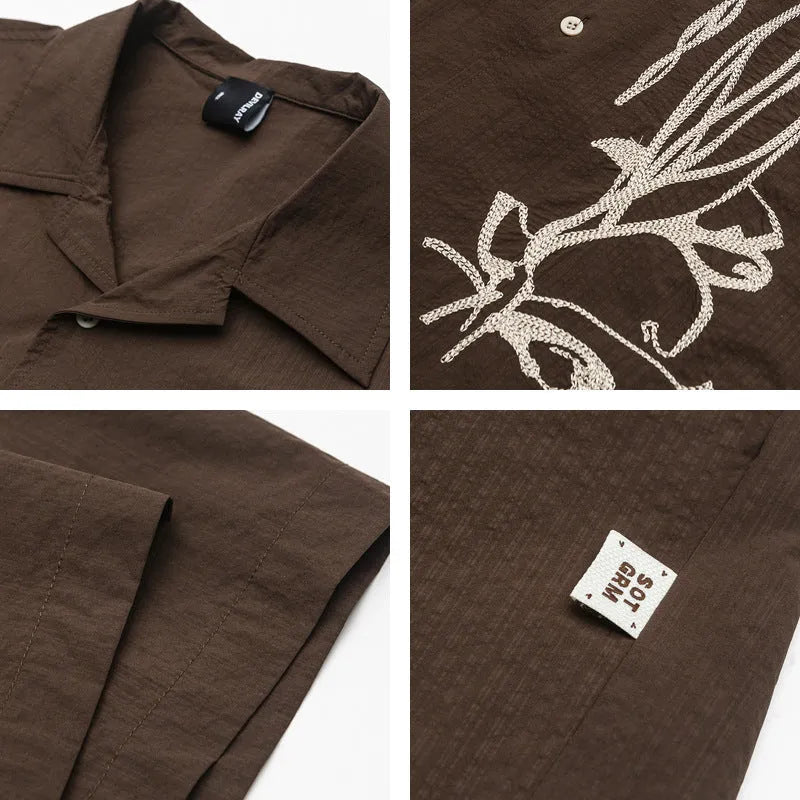 Brown coffee colour striped waterproof short sleeve shirt with Cuban collar for outdoor camping