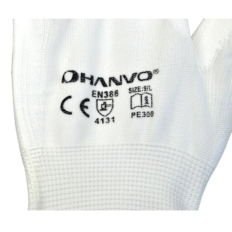 White PU coated work gloves showing palm grip texture, available in L and M sizes