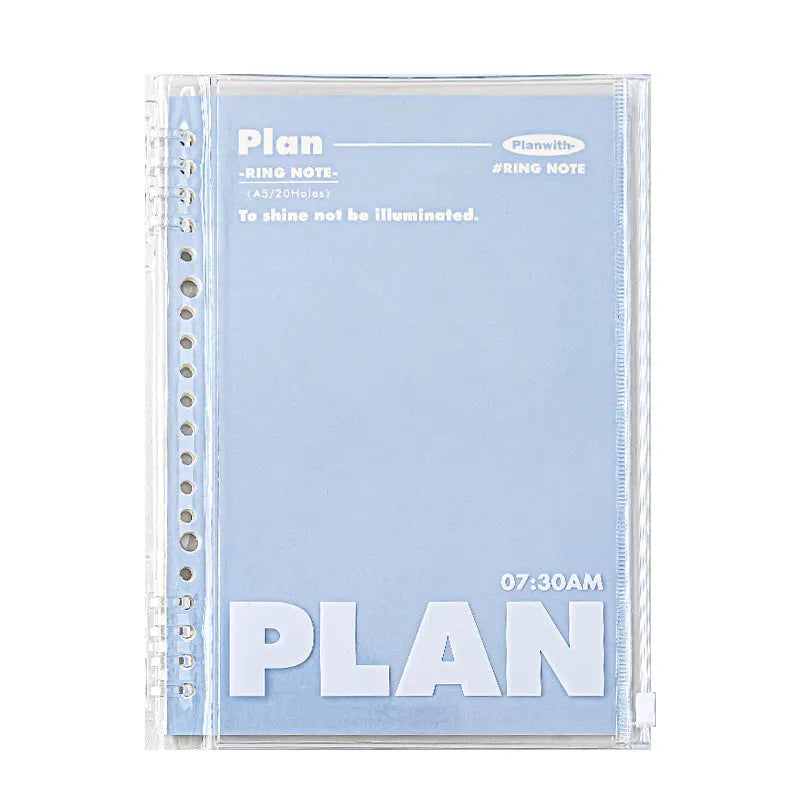 Transparent A5 PVC loose cover for spiral notebooks, shown in blue and white colour options.