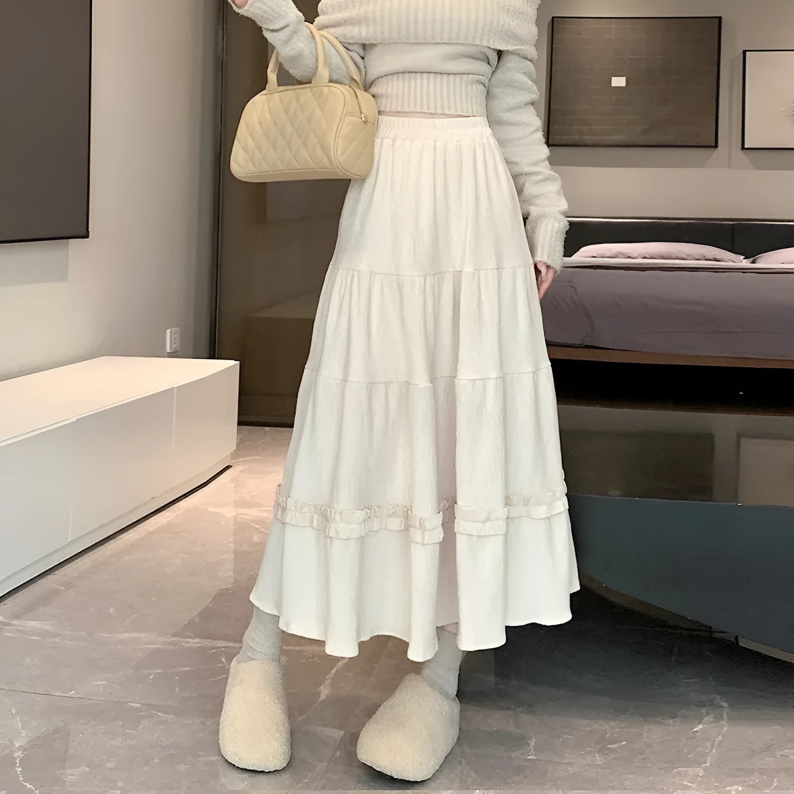 Korean style corduroy A-line midi skirt with elastic waistband in solid colour options