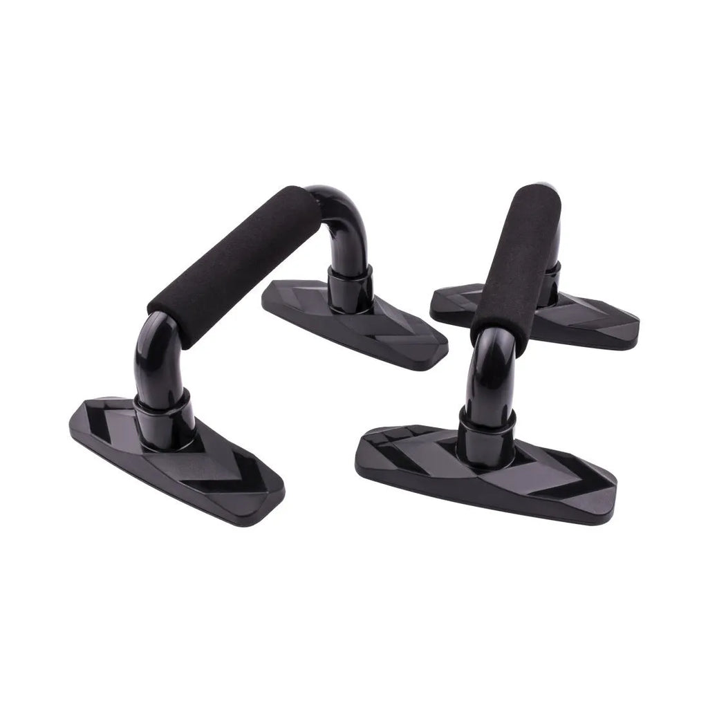 Two I-shaped black push up bars with PP sponge grips on a fitness mat.