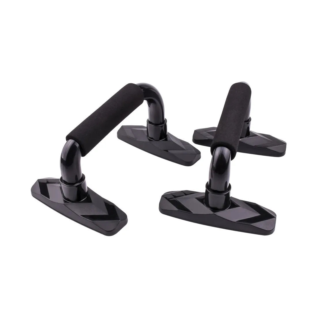 Two I-shaped black push up bars with PP sponge grips on a fitness mat.