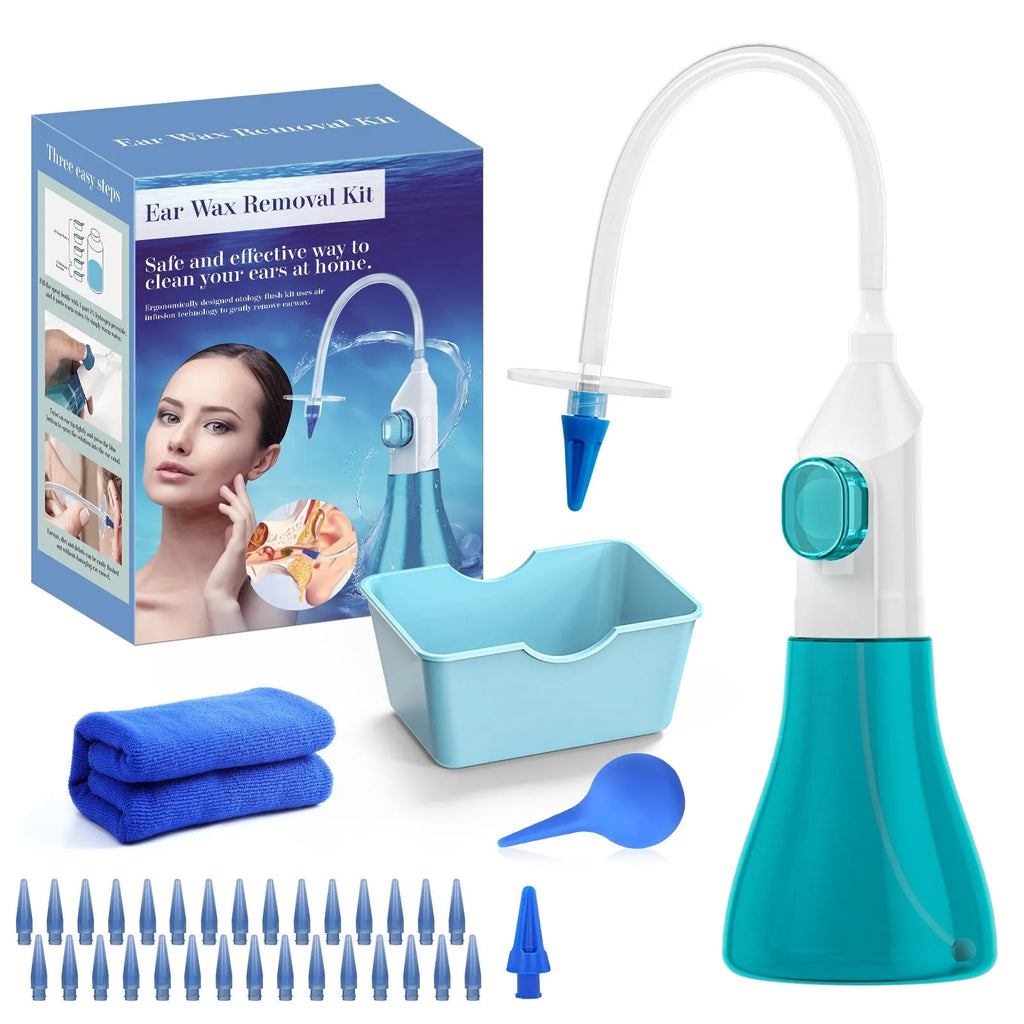E20 Blue portable manual ear wash tool with water basin, one-hole nozzles and five-hole nozzle on host